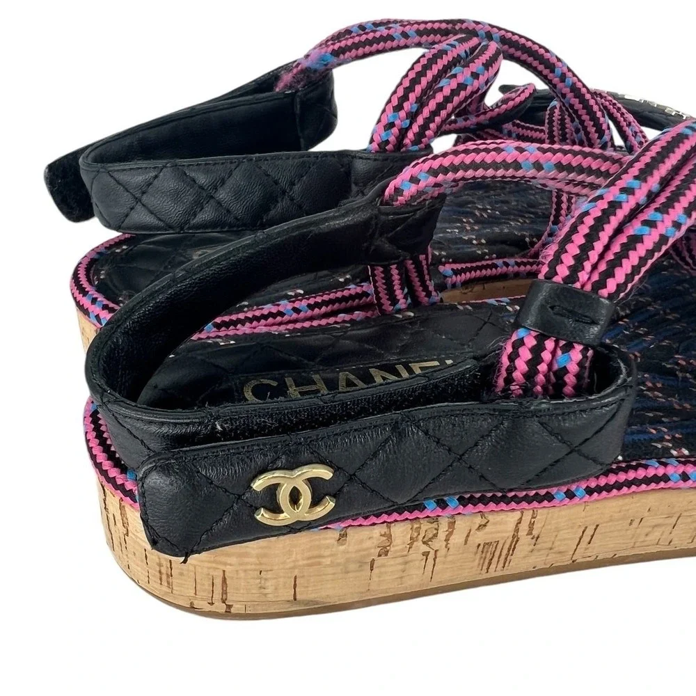 Chanel 2020 Cord Lambskin Quilted Logo Sandals Pink Black Size 38